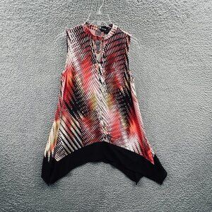 August Silk Women Top Large Red Black Sleeveless Pullover Asymmetrical Hem Shirt